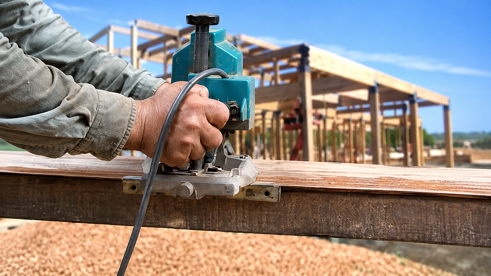 Worker using a handheld router to shape a wooden beam at an outdoor construction site.
