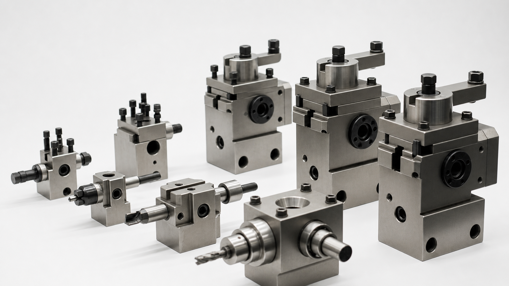 Precision-machined metal lathe tool holders and cutting fixtures used in industrial manufacturing.