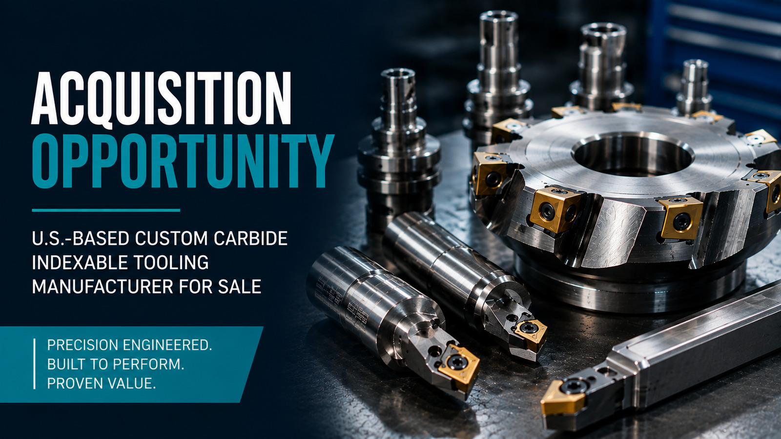 Custom carbide indexable cutting tools and milling heads arranged on a manufacturing workbench