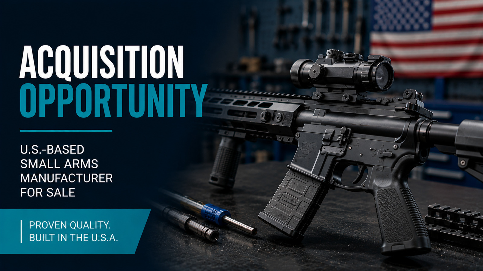 Precision rifle displayed inside a U.S. small arms manufacturing facility