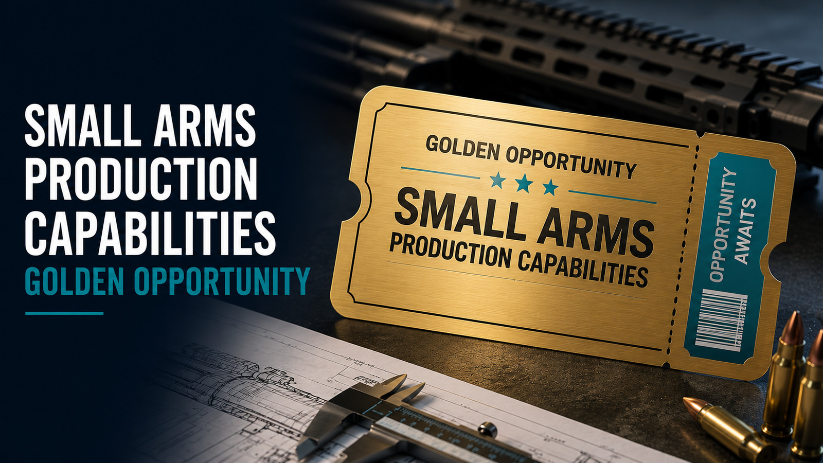 Small arms production blueprint, ammunition and golden opportunity ticket on a workbench