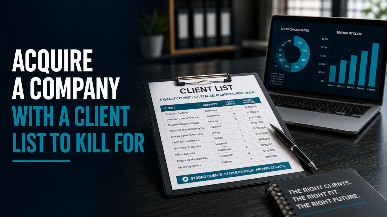 Client list, sales report and analytics laptop used to evaluate a company acquisition