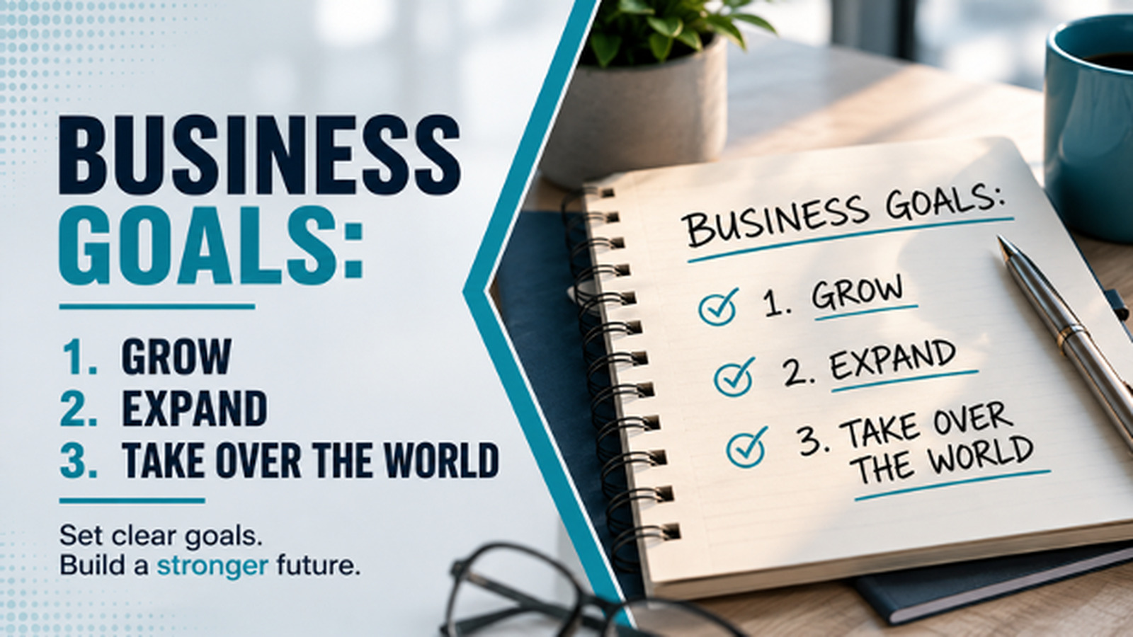 Business goals notebook outlining growth, expansion and acquisition plans