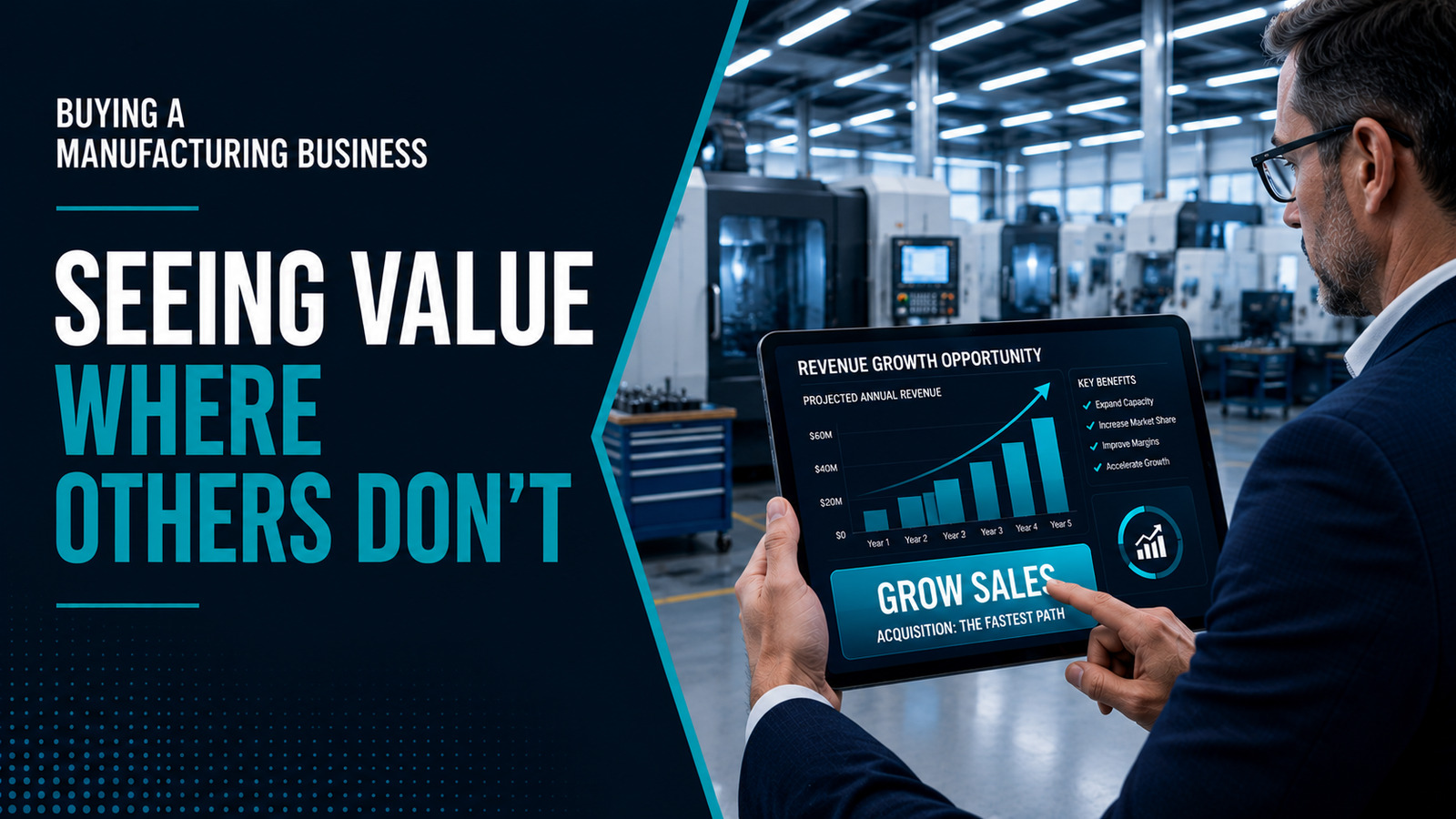 Business buyer reviewing a manufacturing growth dashboard inside a modern factory