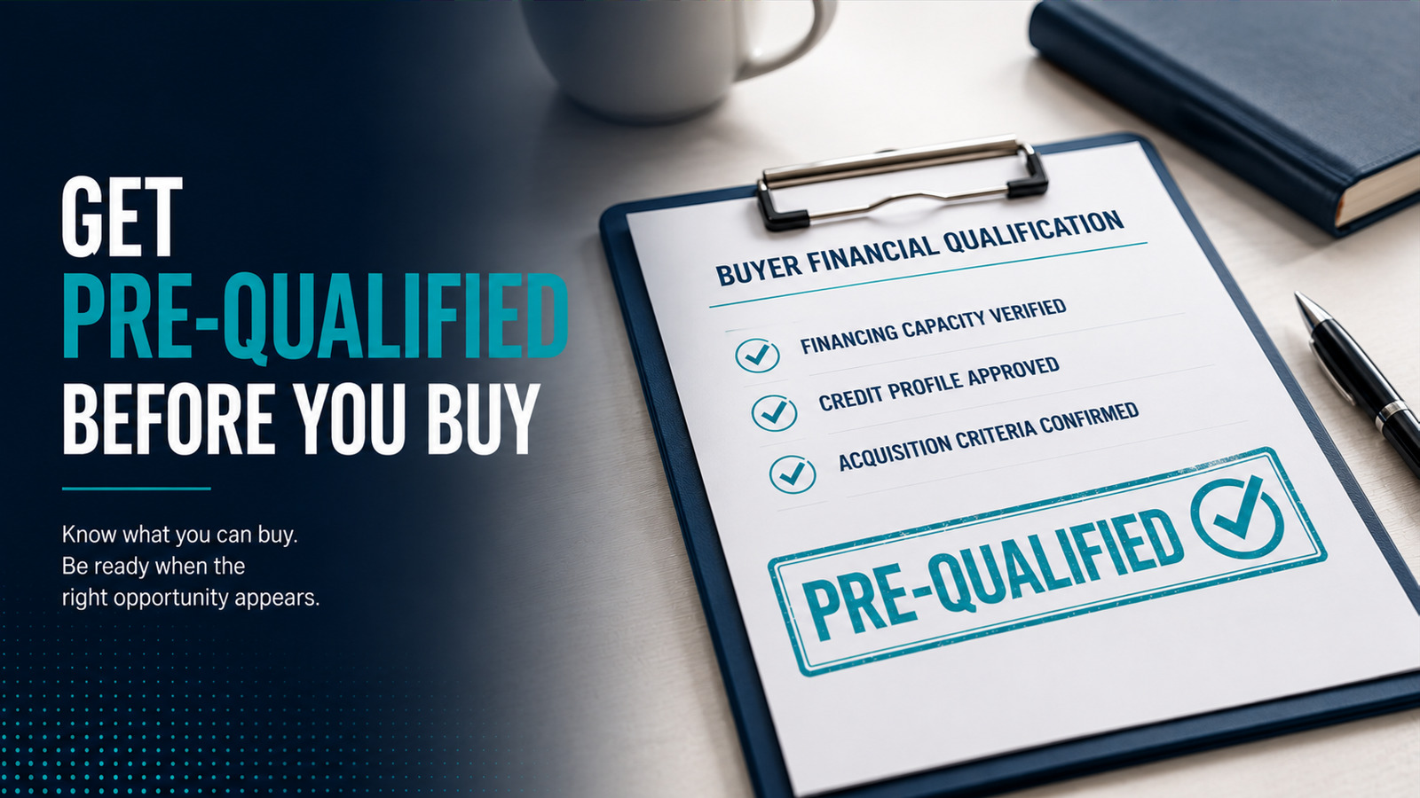 Buyer financial pre-qualification checklist on a desk before a manufacturing acquisition