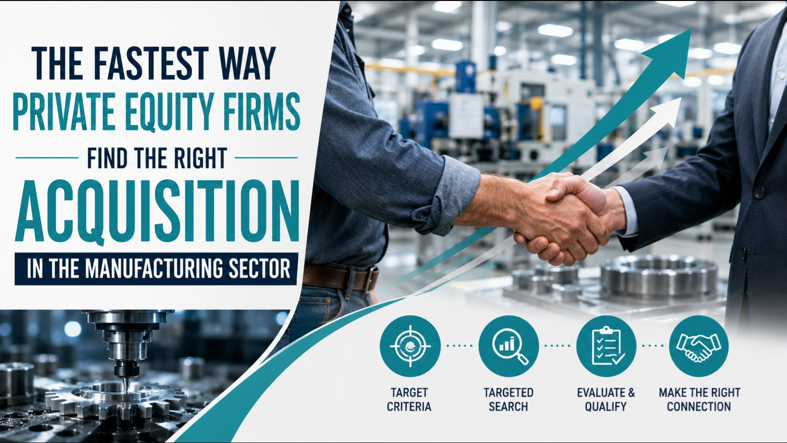 Executives shaking hands in a factory during a private equity manufacturing acquisition search