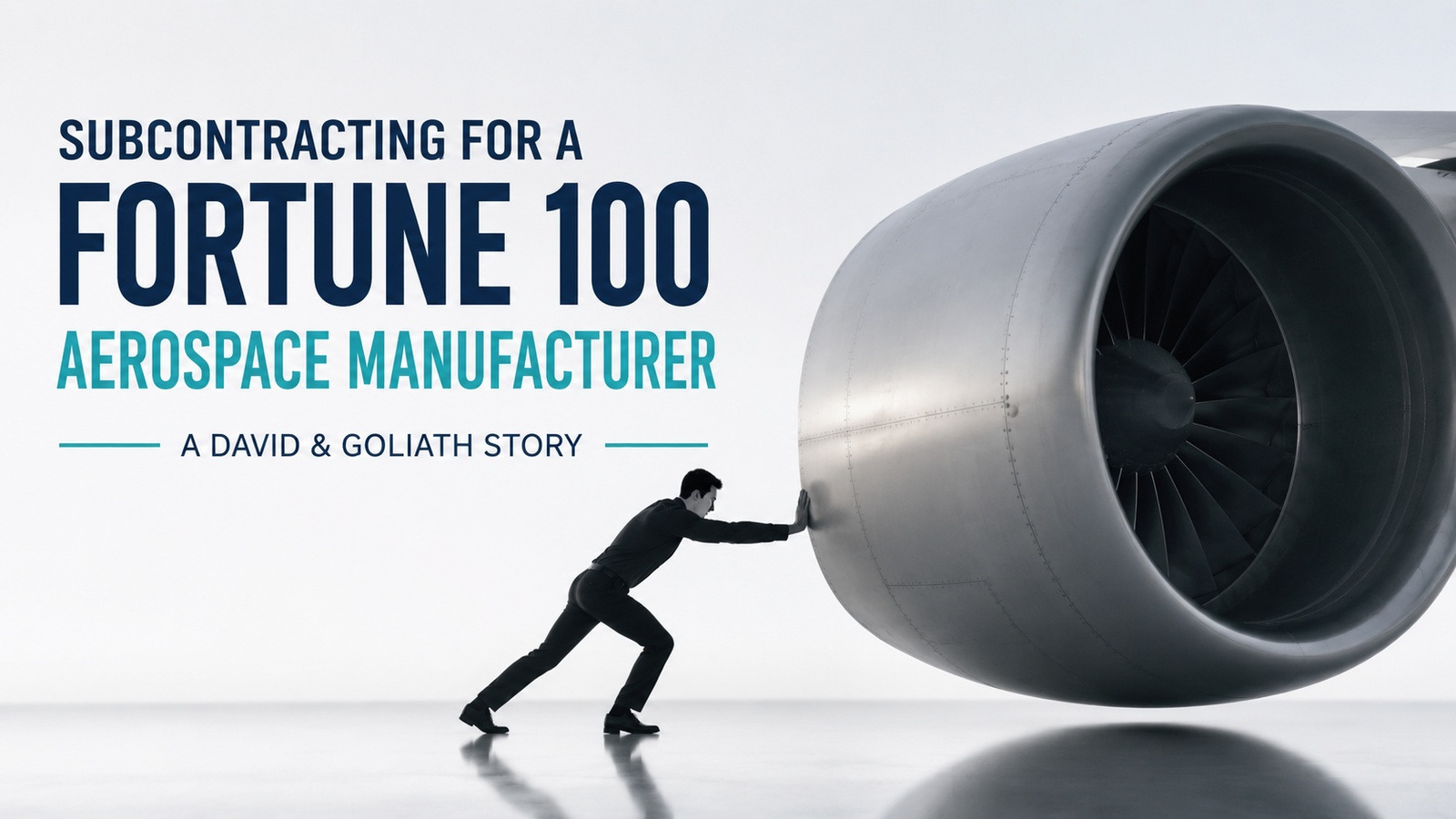 Worker pushing against a large jet engine in a subcontracting story for an aerospace manufacturer