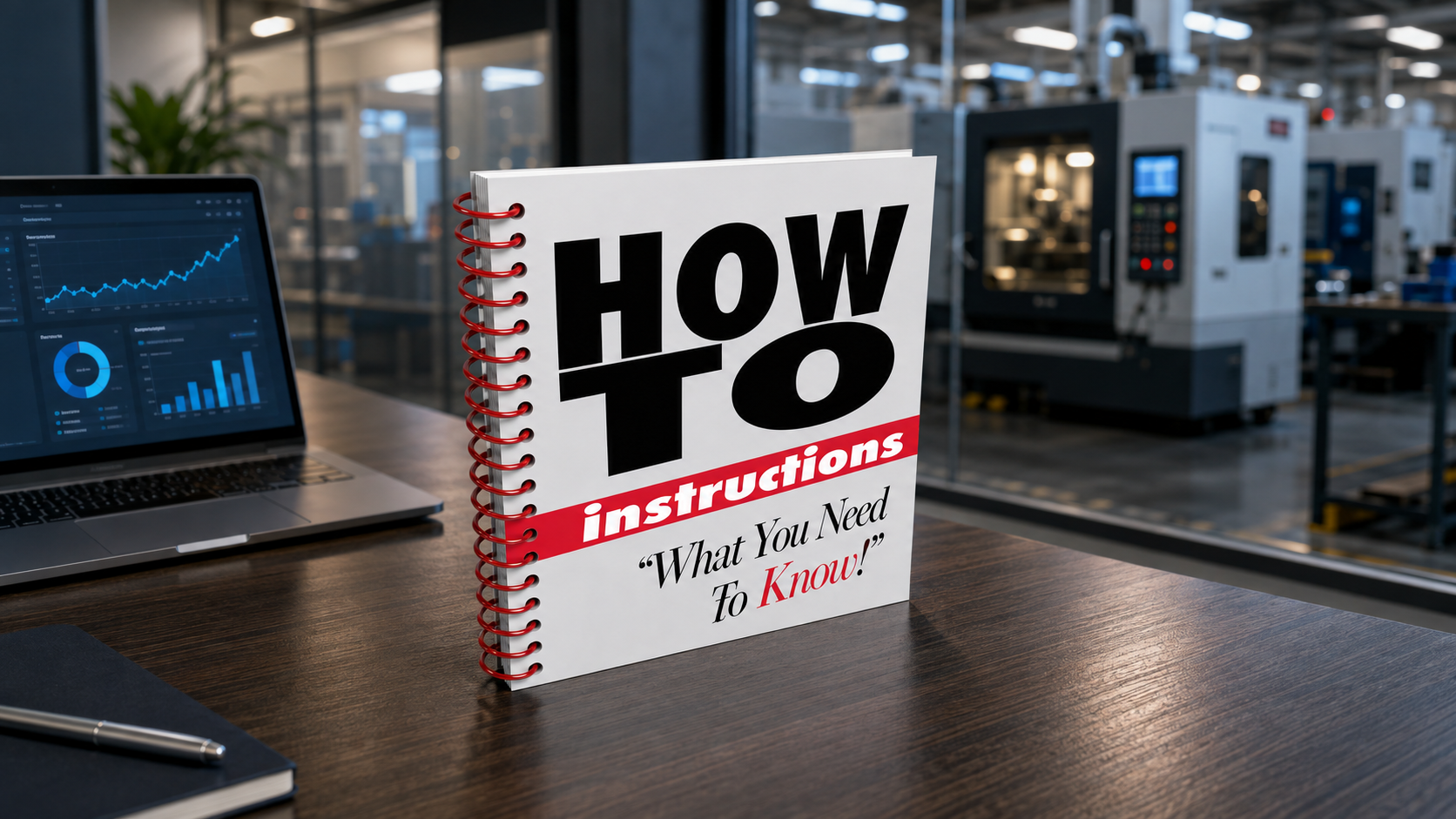 Manufacturing lead generation guide beside website analytics in a modern CNC machining facility