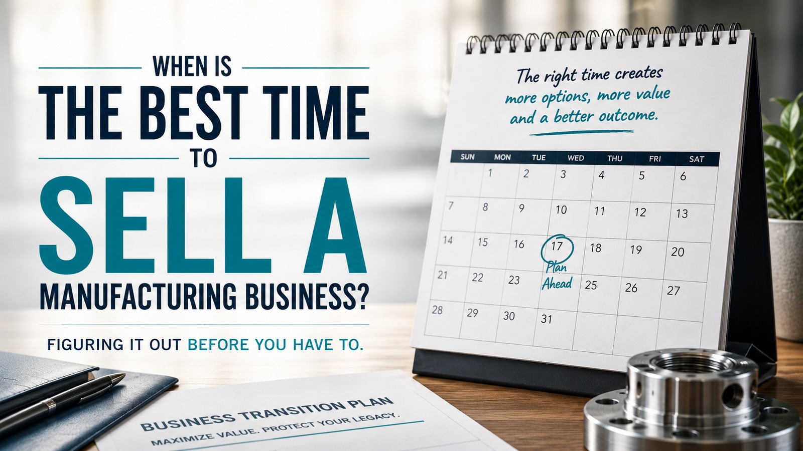 Calendar, documents and machined component representing the best time to sell a manufacturing business