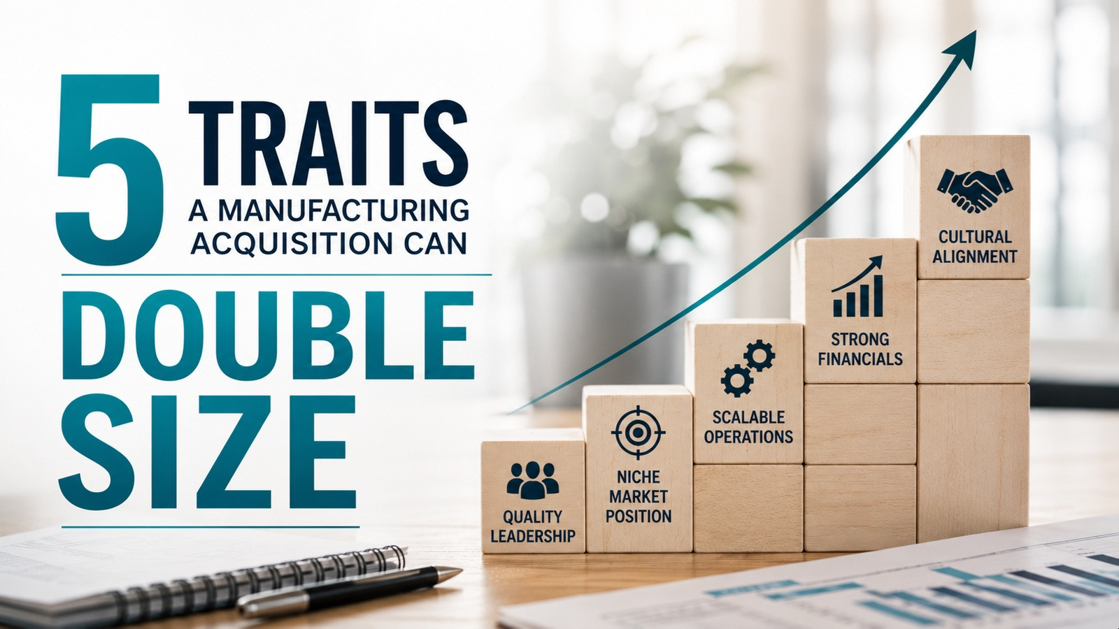 Growth arrow and building blocks showing five traits of a scalable manufacturing acquisition