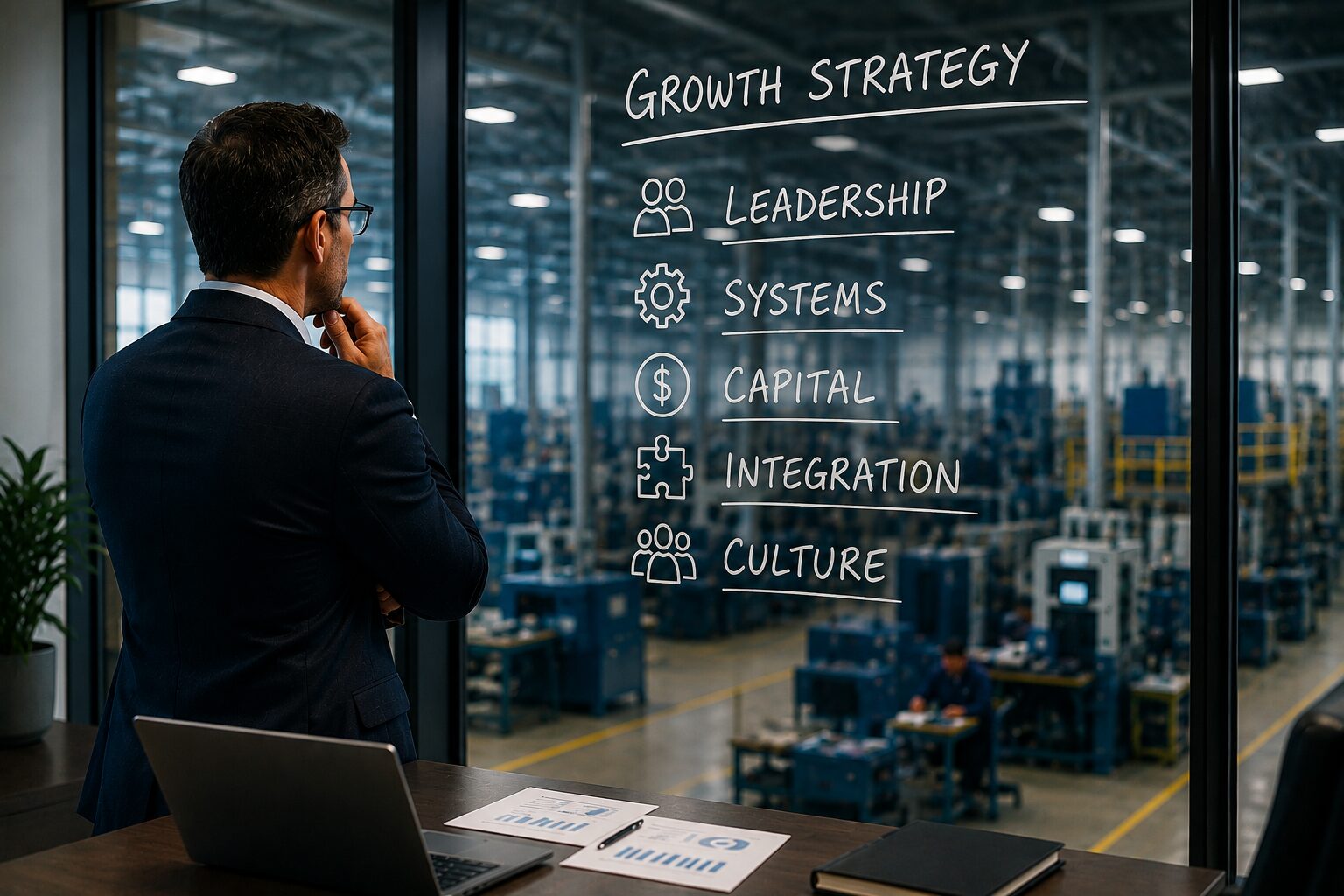 Manufacturing executive reviewing growth strategy focused on leadership, systems, capital, integration and company culture