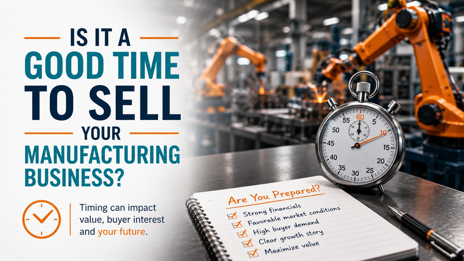 Stopwatch beside an automated aerospace production line representing business sale timing