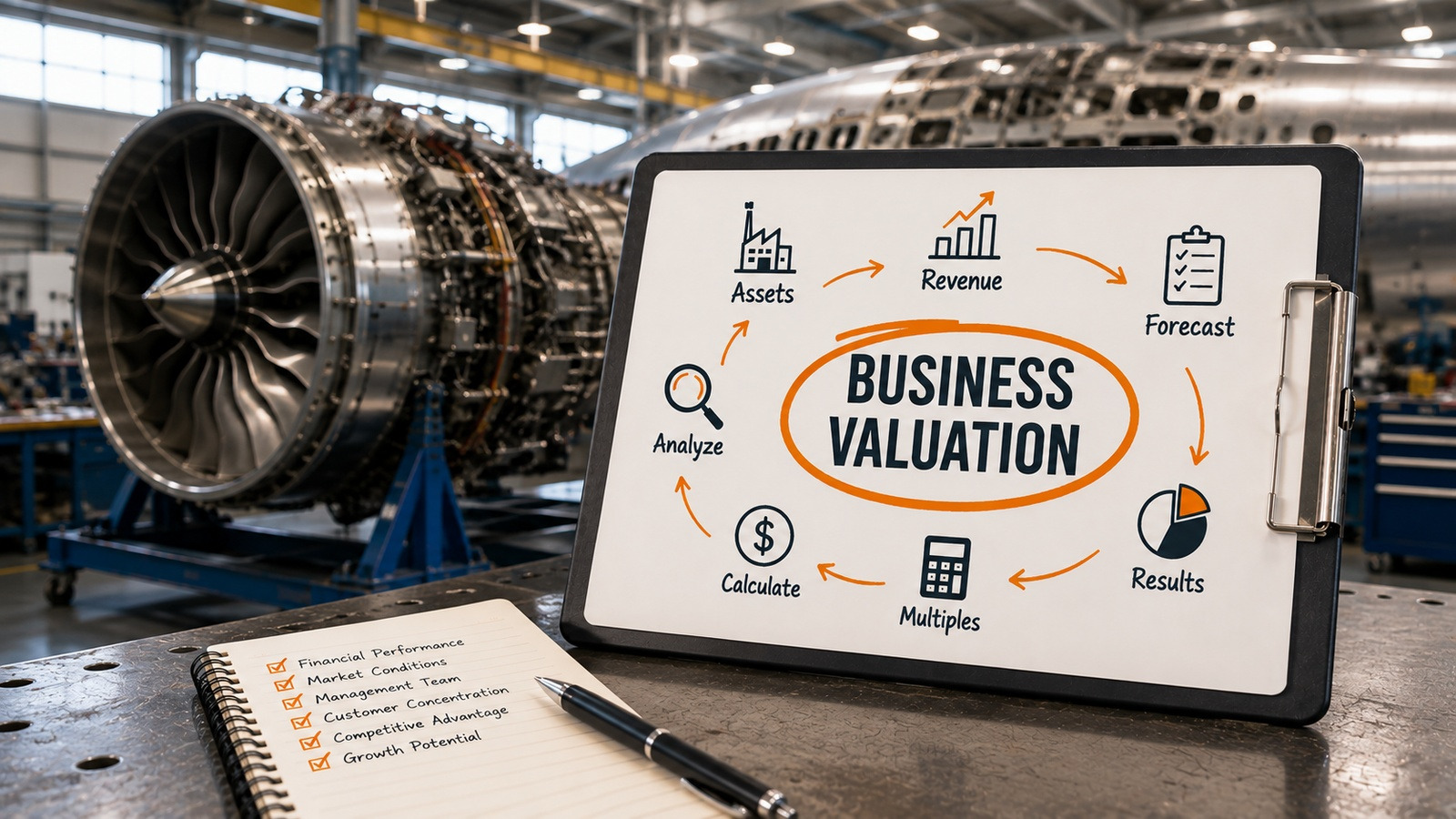 Business valuation dashboard with financial analysis icons inside an aerospace factory