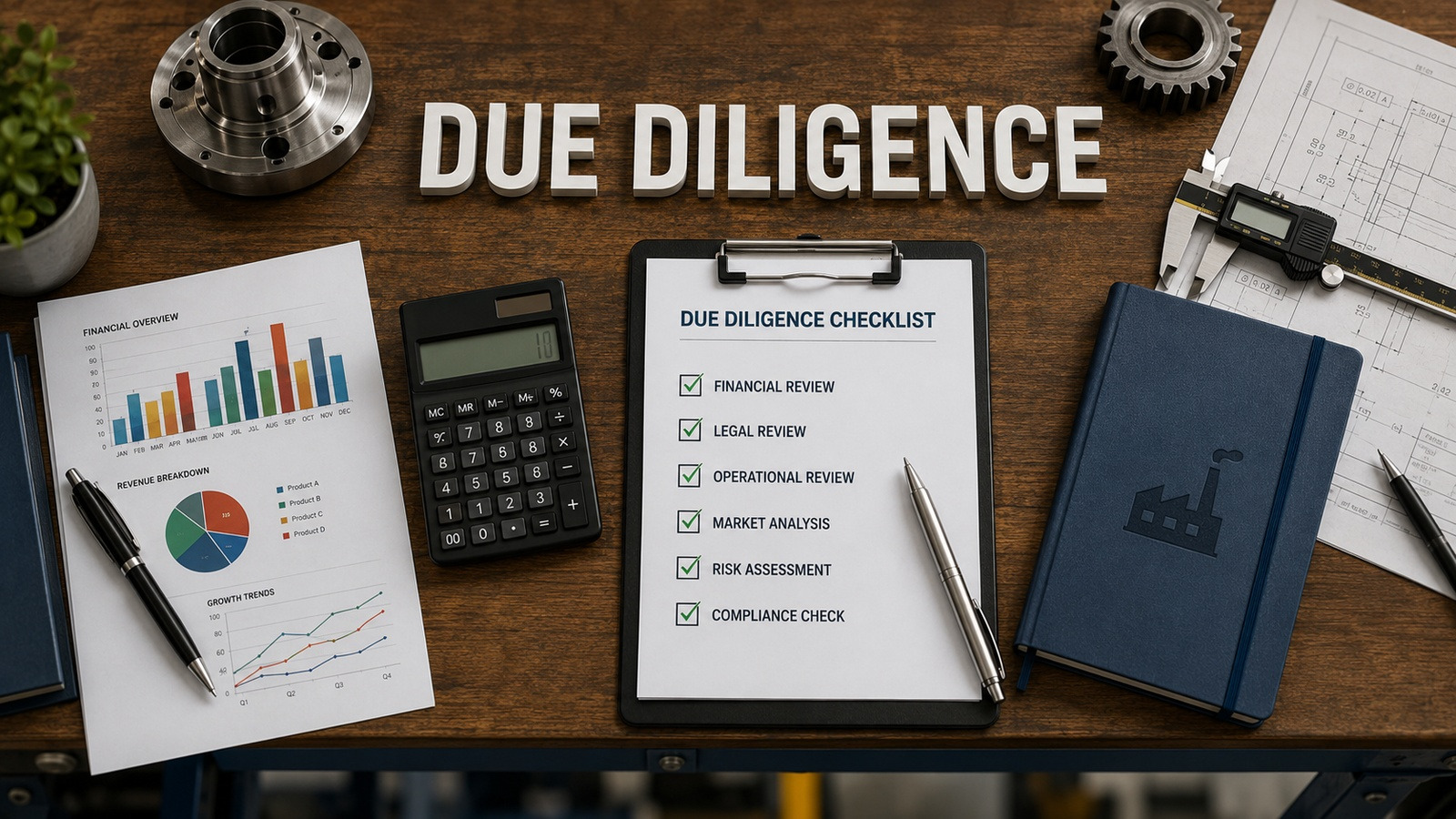Due diligence checklist, calculator and financial charts on a business buyer's desk