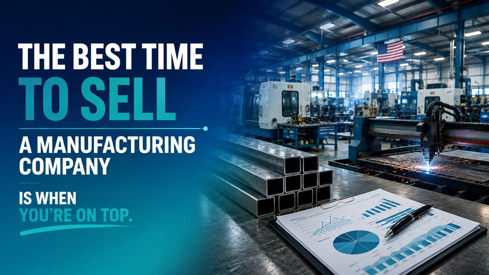 Manufacturing floor and financial reports illustrating when to sell a company at peak performance