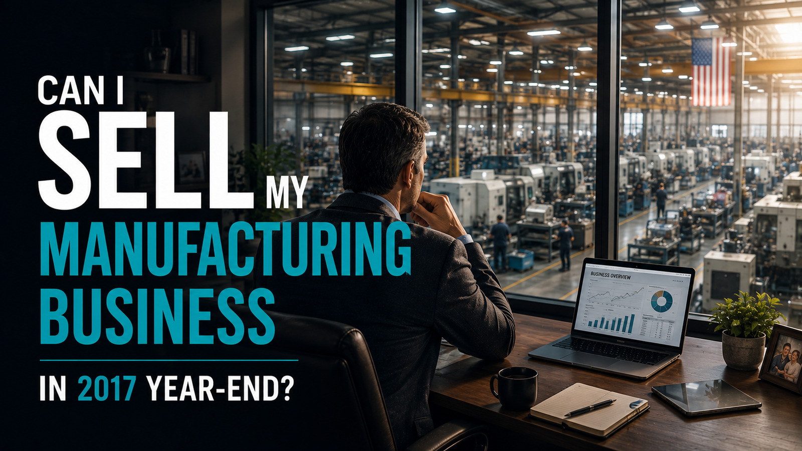 Manufacturing owner overlooking a factory while reviewing a company sale dashboard