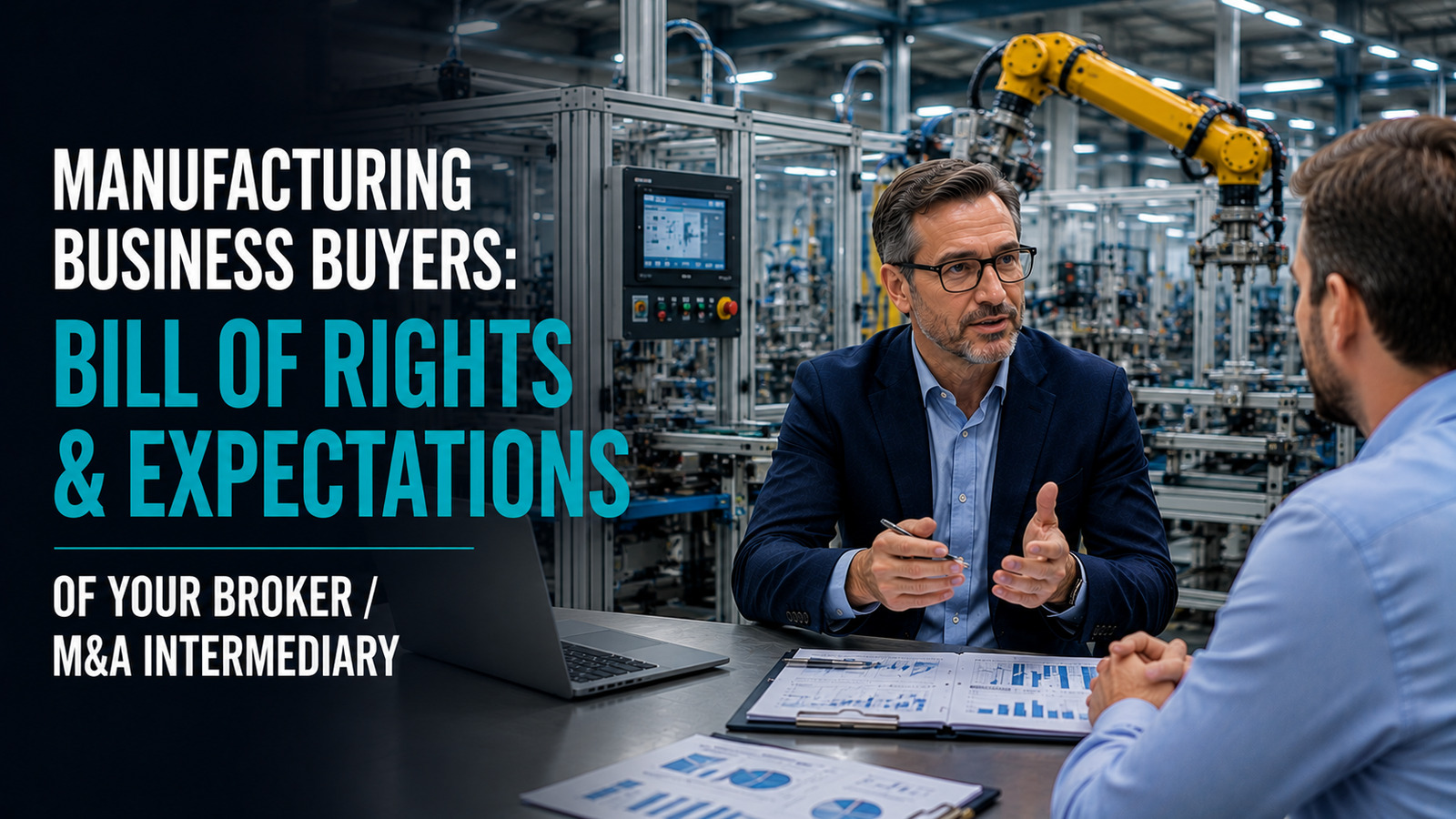Manufacturing M&A advisor discussing buyer expectations with a client inside a factory