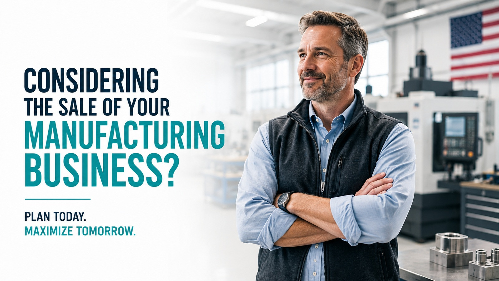 Manufacturing business owner standing confidently beside CNC equipment on the factory floor