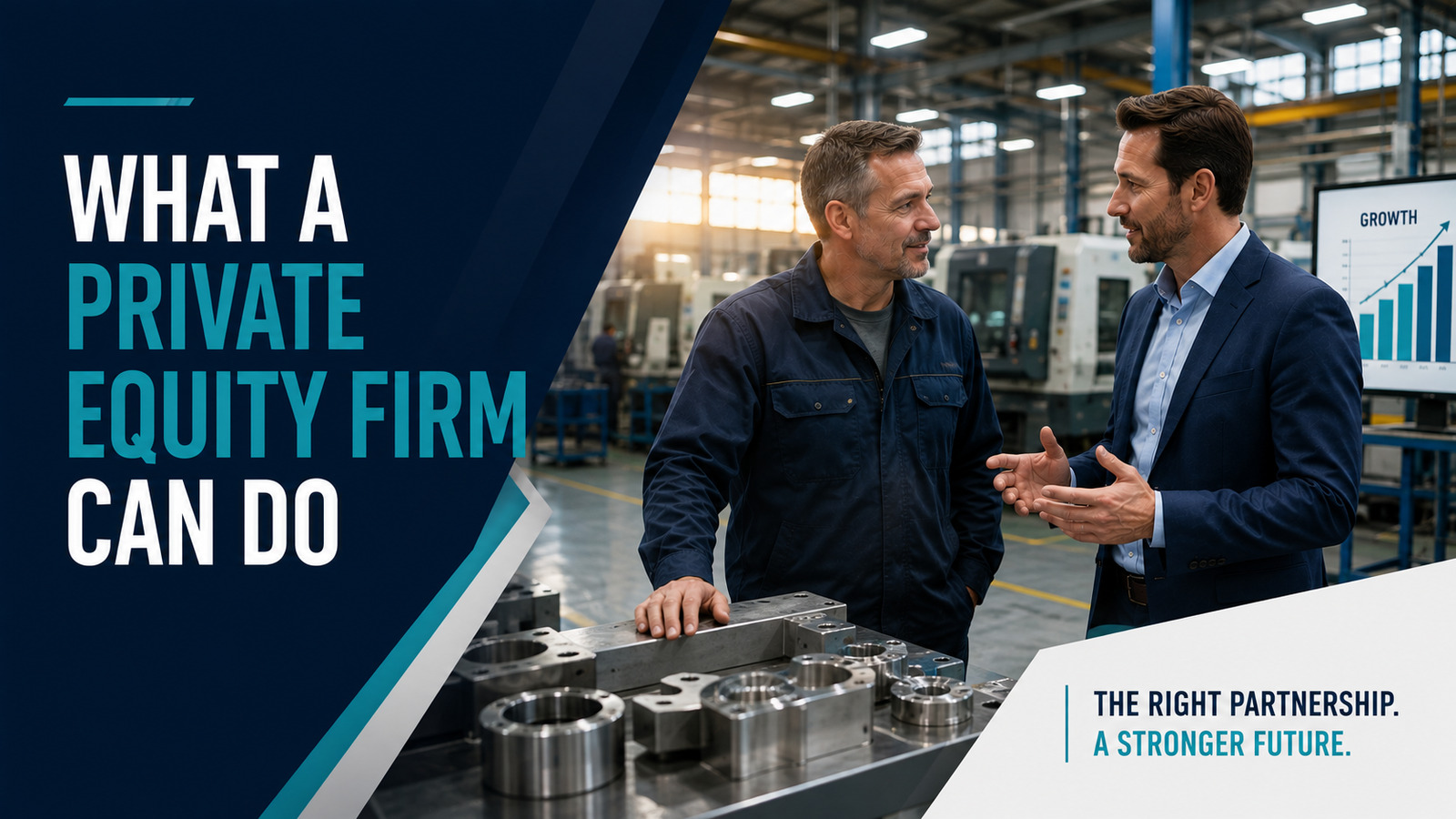 Private equity executive and manufacturing owner discussing growth on a factory floor