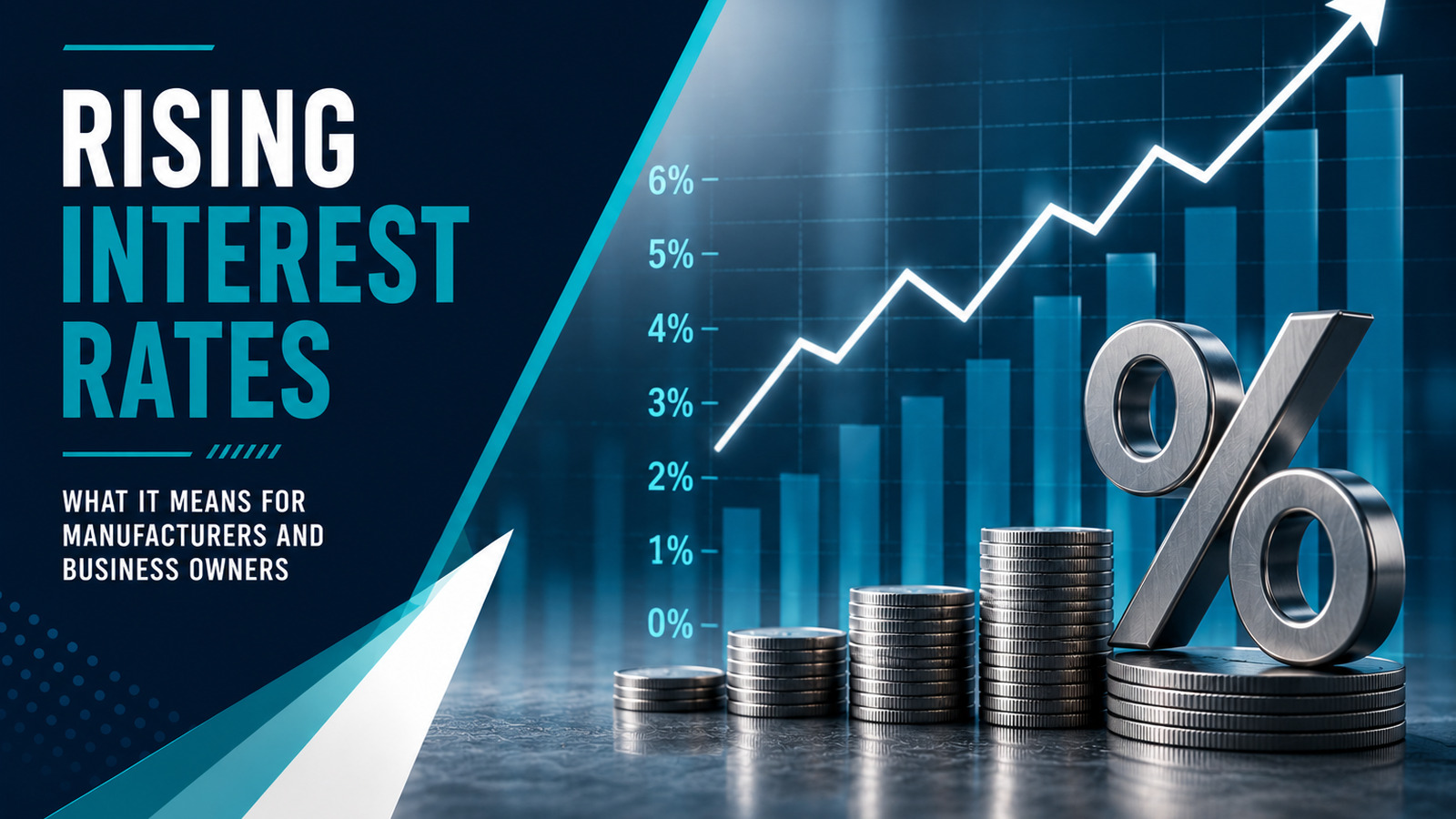 Rising interest-rate chart with coins and a percentage symbol for manufacturing business sales