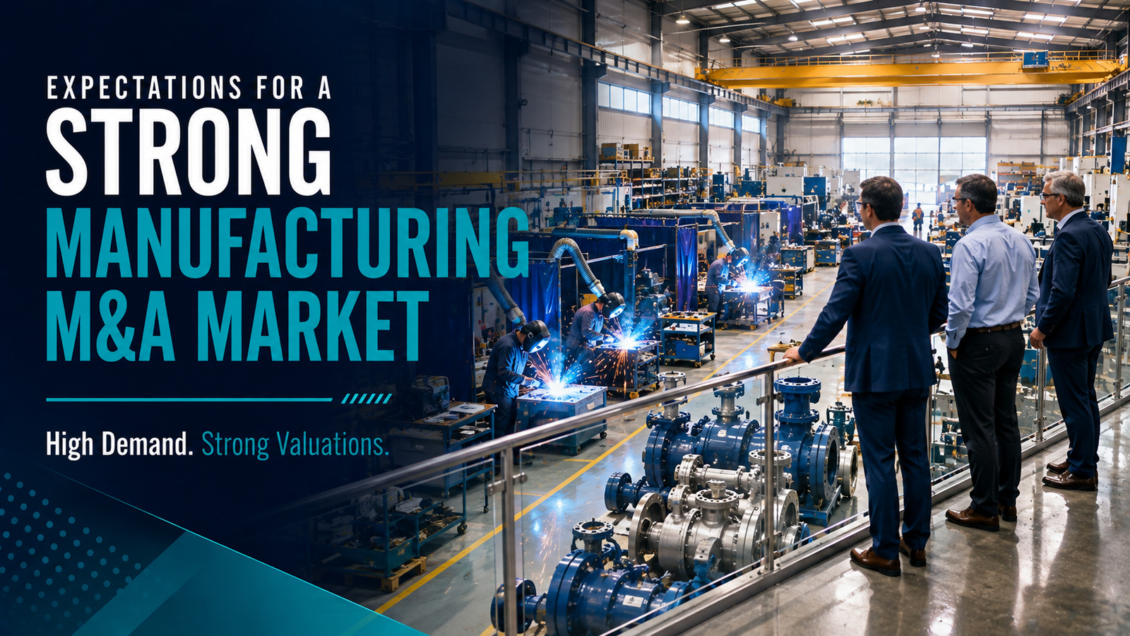 Business executives inspecting industrial pumps during a strong manufacturing M&A market