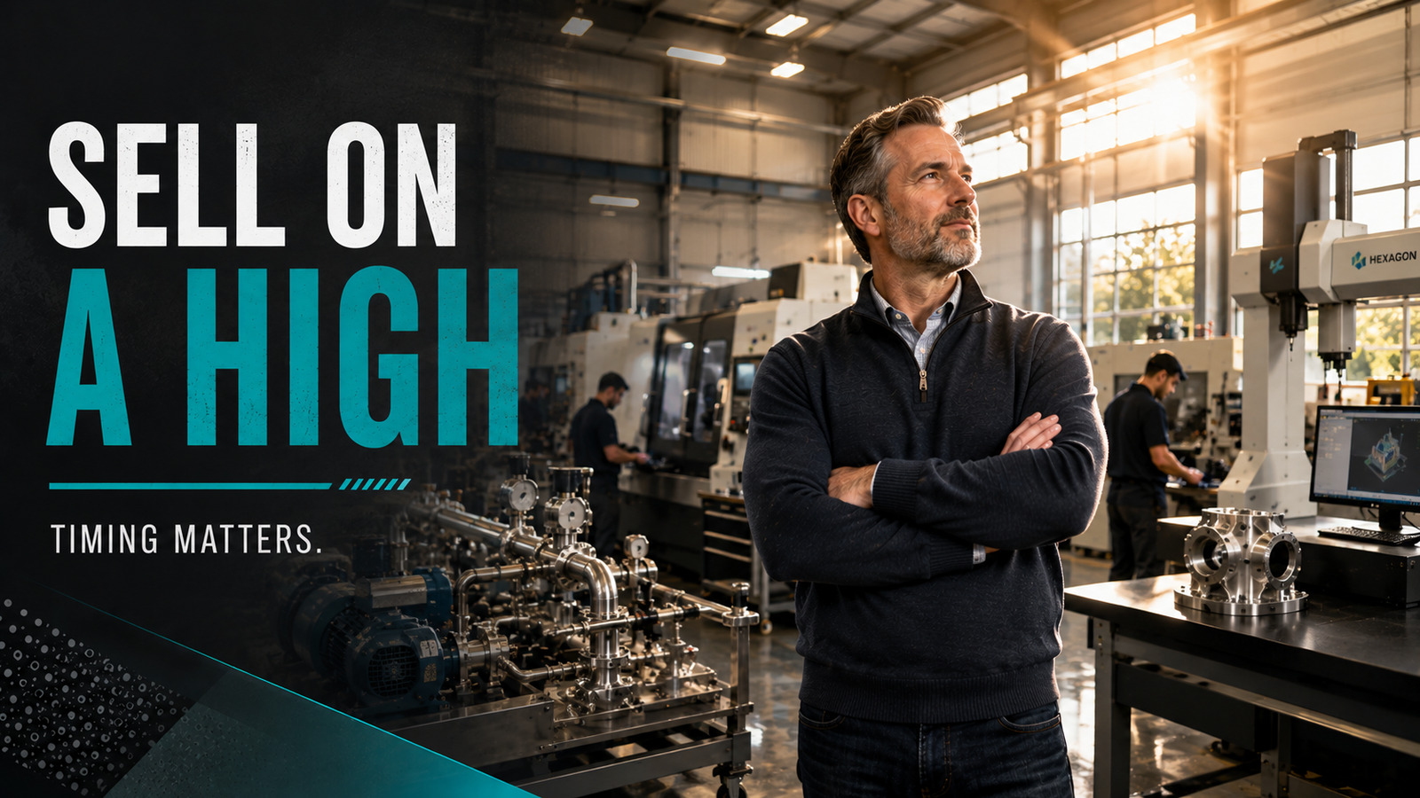 Manufacturing owner standing on the factory floor while preparing to sell at a high point