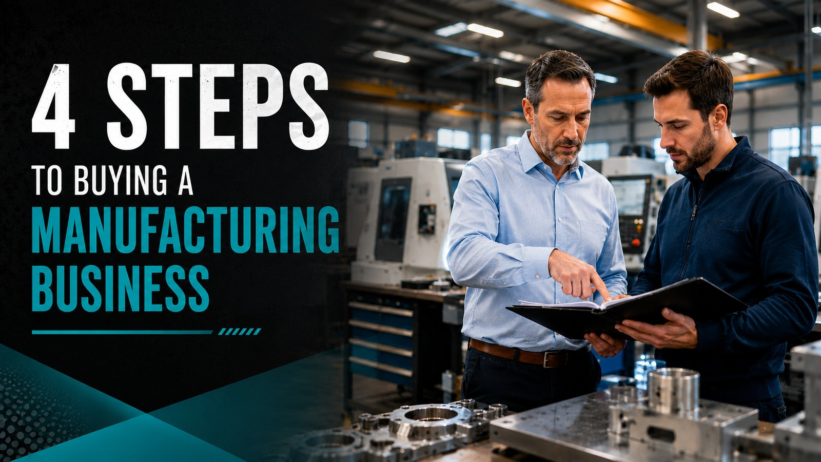 Two executives reviewing precision components during a manufacturing business acquisition