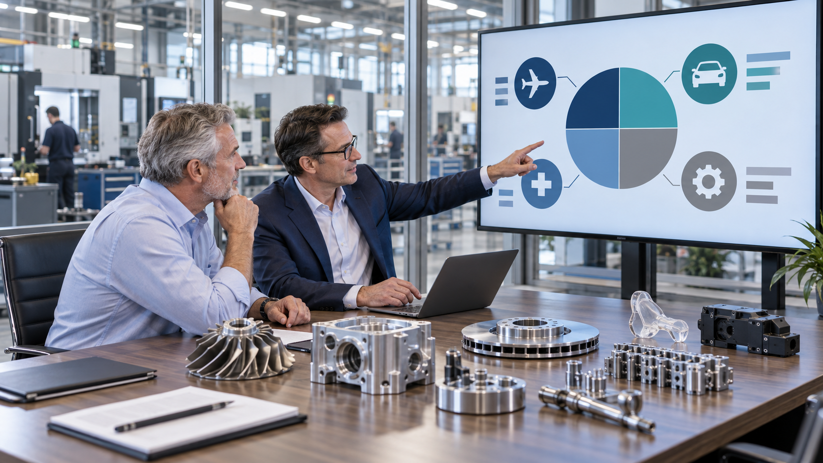Manufacturing executives review a diversified sales strategy across four industry sectors