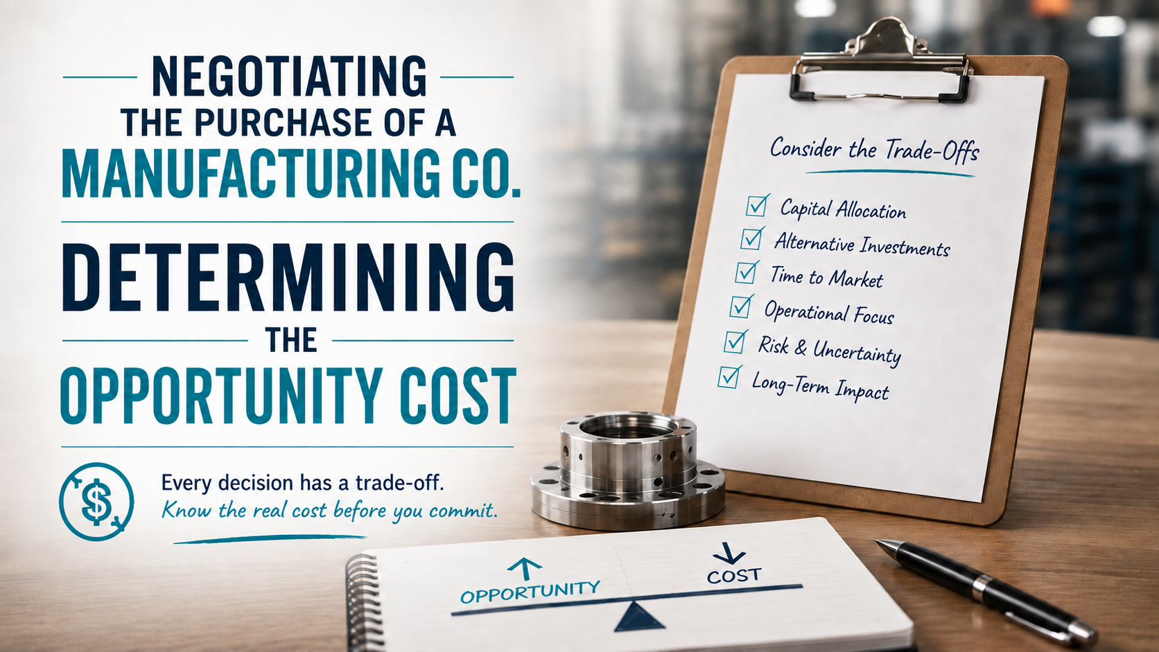 Opportunity-versus-cost scale and trade-off checklist for a manufacturing business purchase