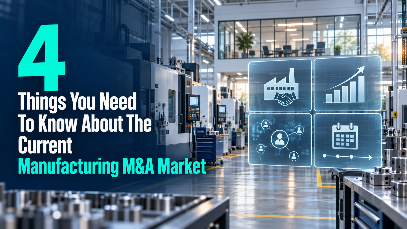 Four key manufacturing M&A market factors displayed inside a modern CNC production facility