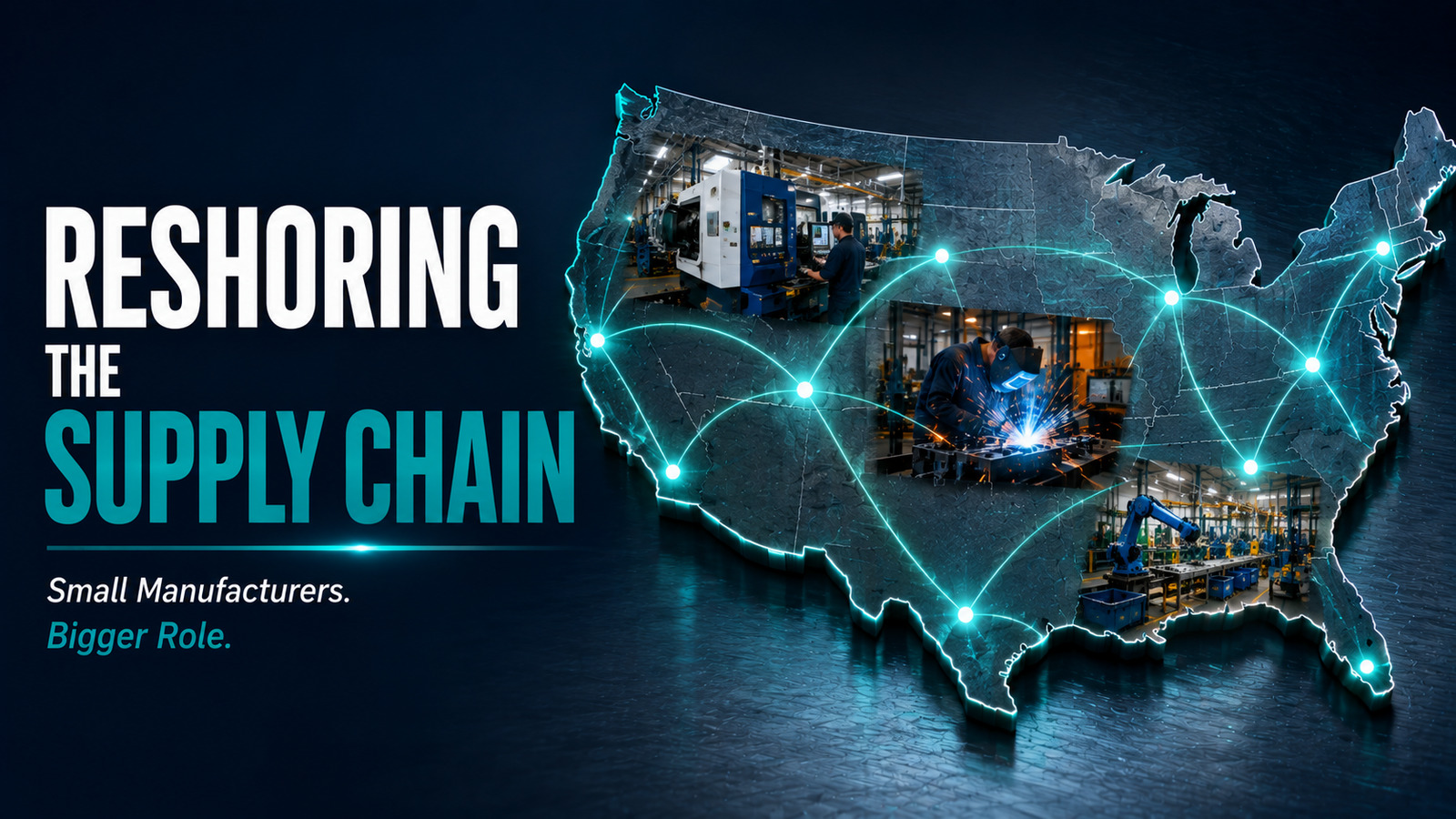 Connected U.S. map showing small manufacturers reshoring the domestic supply chain