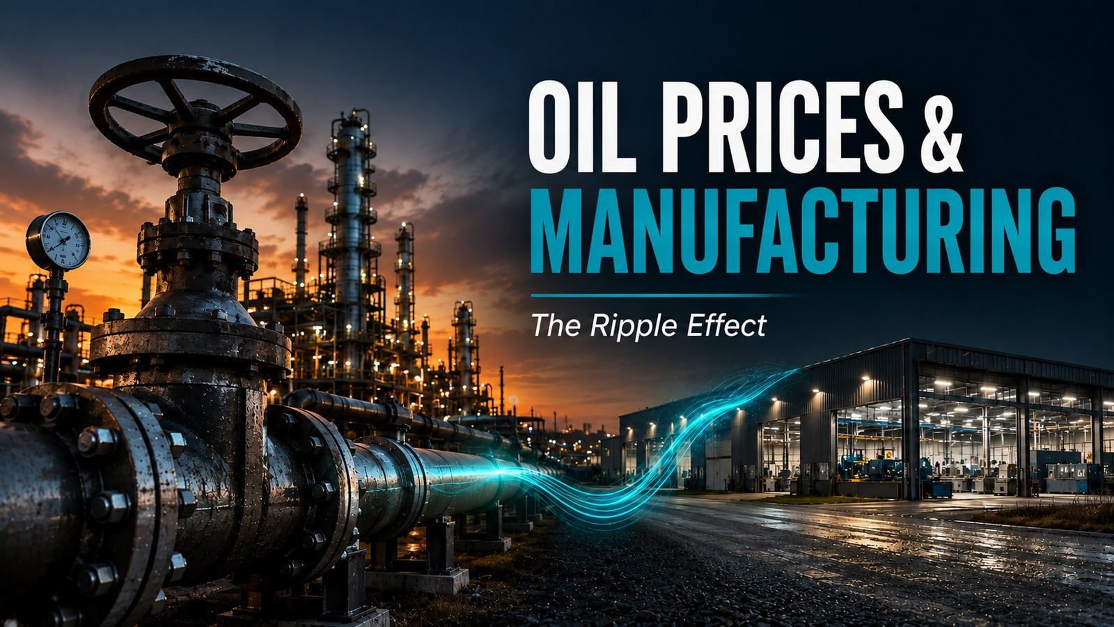 Oil valve and refinery illustrating how oil-price fluctuations affect manufacturing