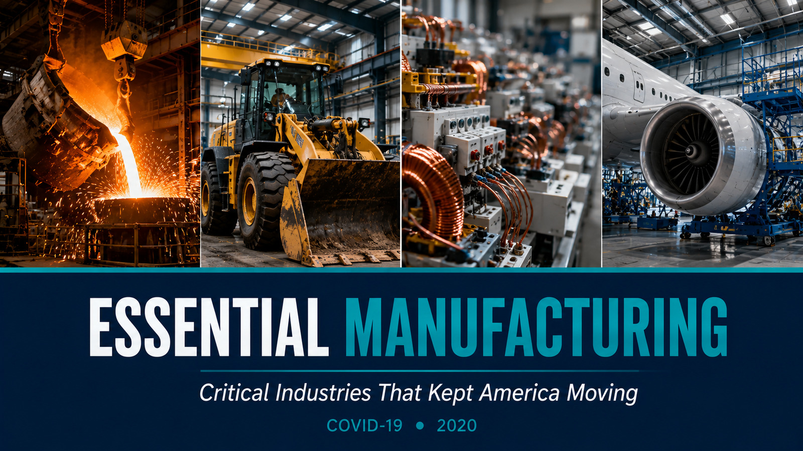 Steelmaking, mining, electrical and aerospace scenes representing essential manufacturing sectors