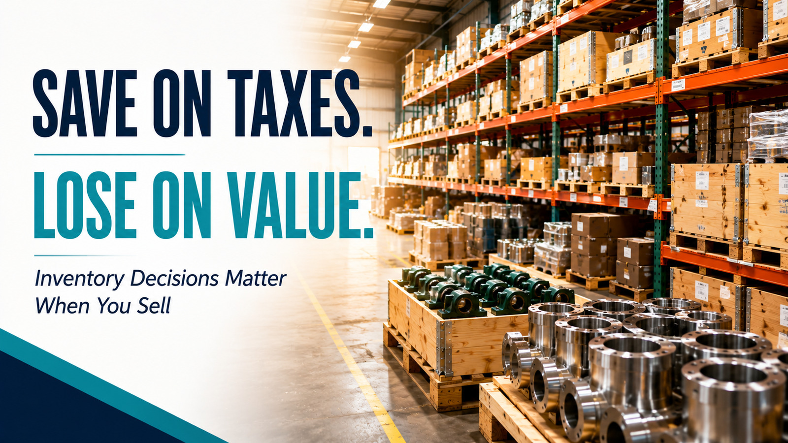 Warehouse inventory and machined parts illustrating the tax and sale-value trade-off