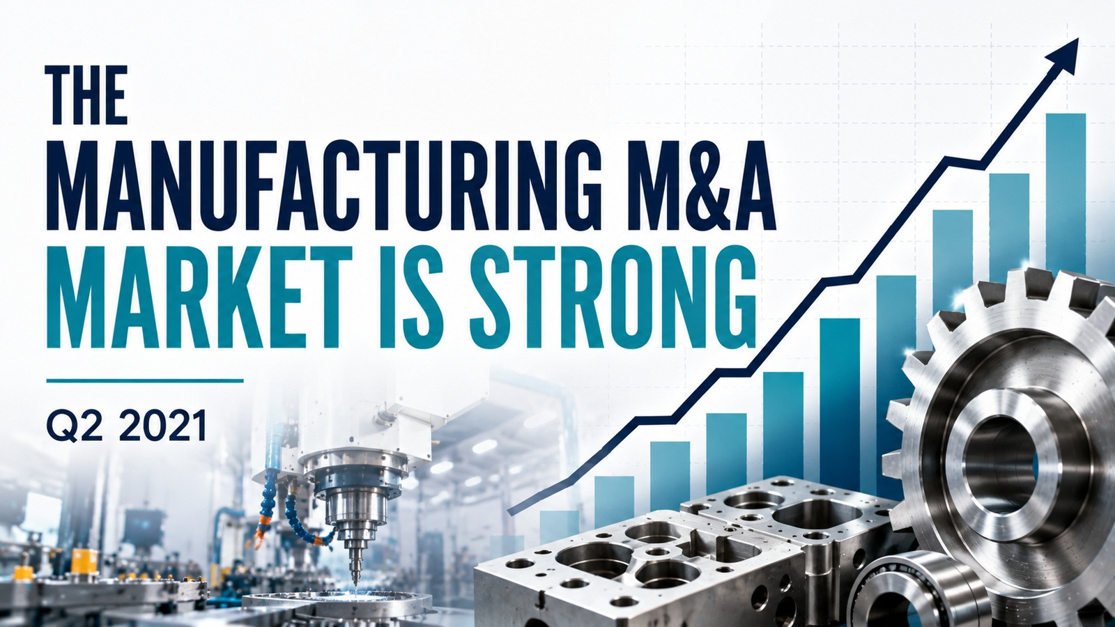 Rising market chart with gears and precision components representing strong manufacturing M&A