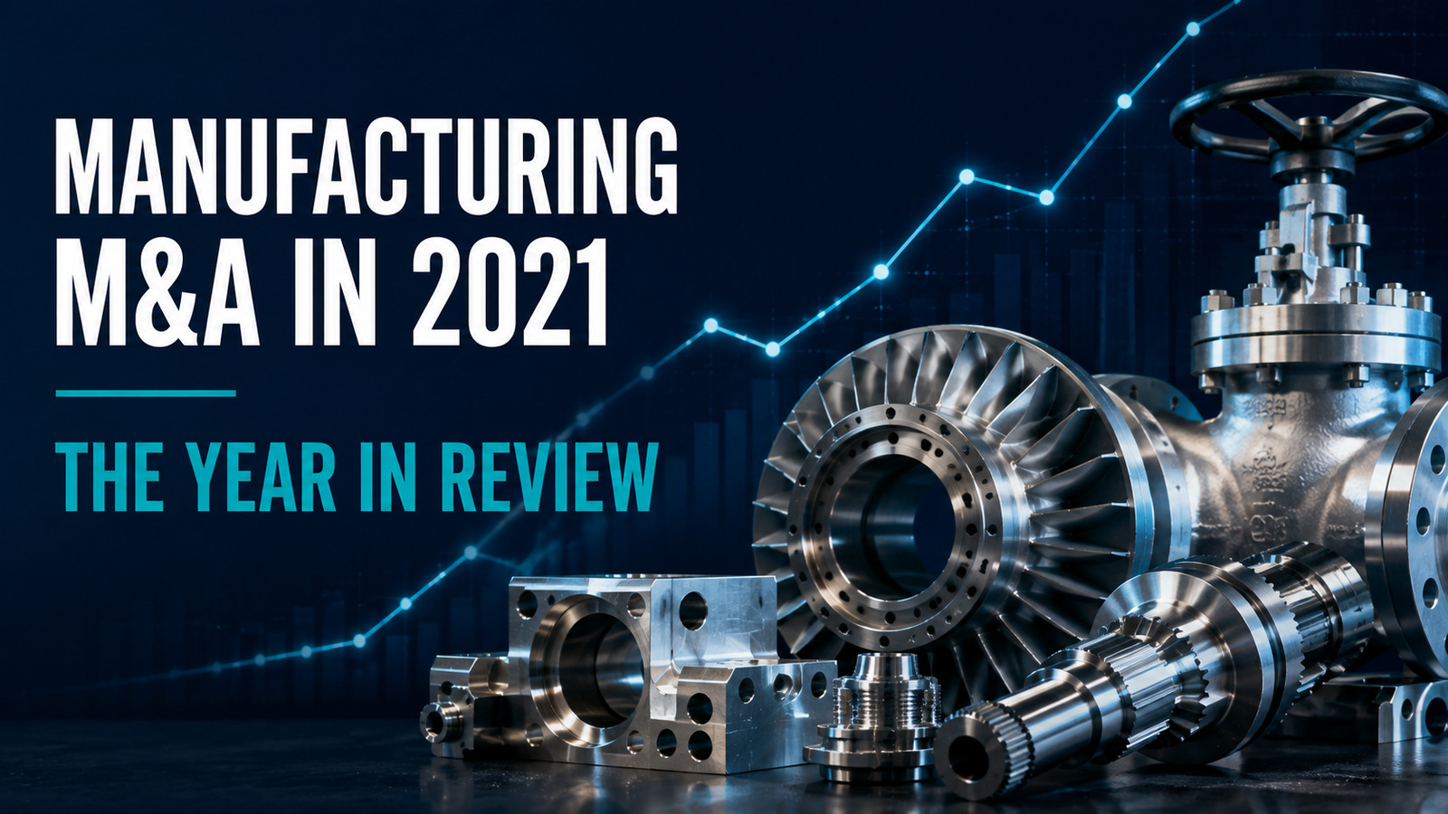 Industrial gears, valves and rising chart summarizing manufacturing M&A performance in 2021