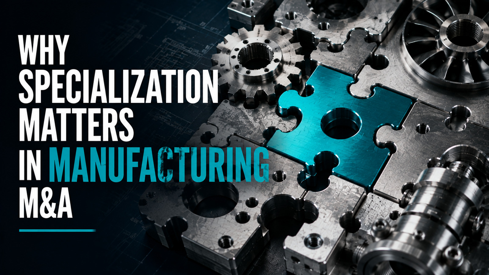 Interlocking puzzle piece among gears illustrating the value of manufacturing M&A specialization