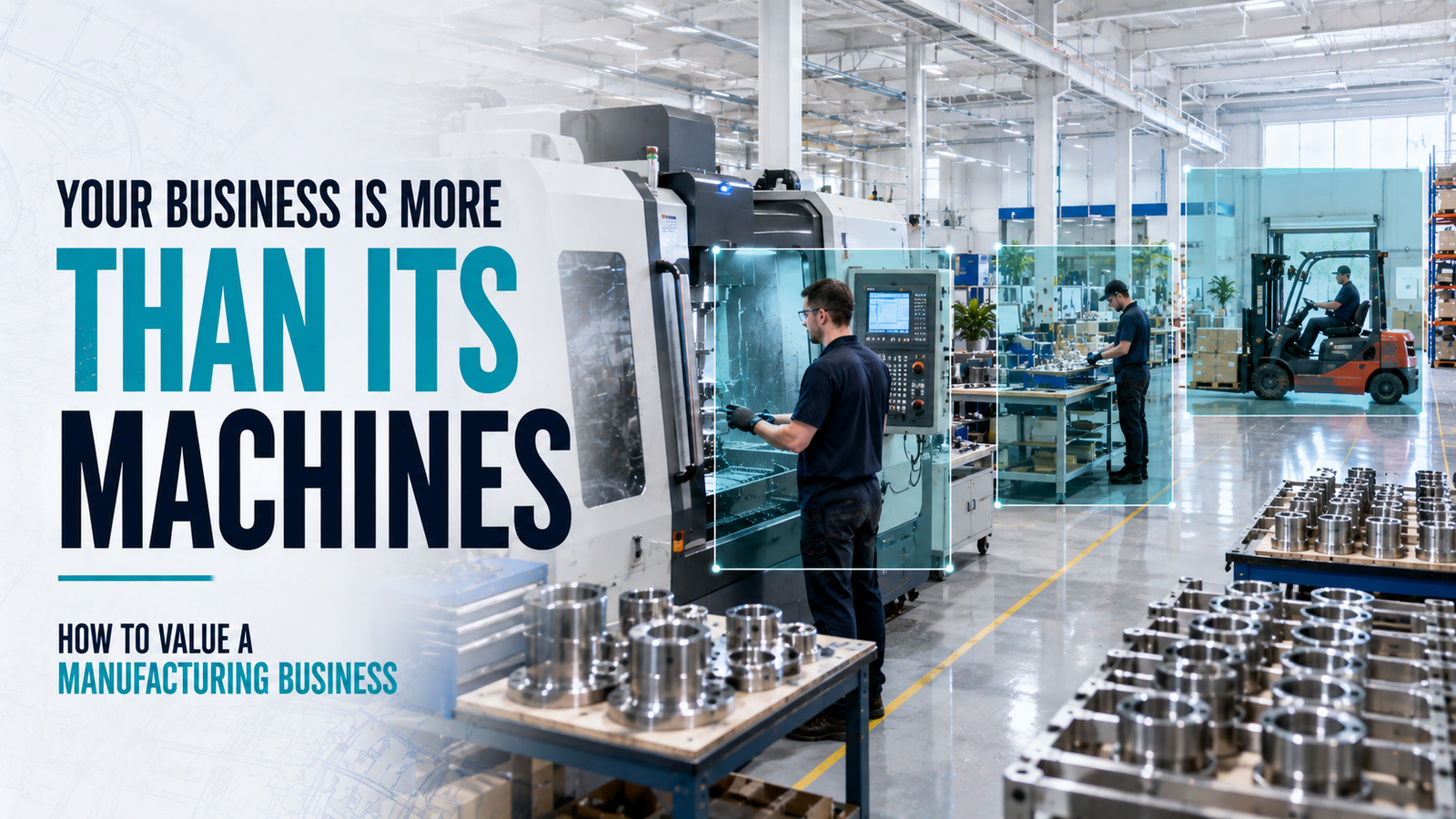 Machinist inspecting precision parts inside a modern factory during a business valuation
