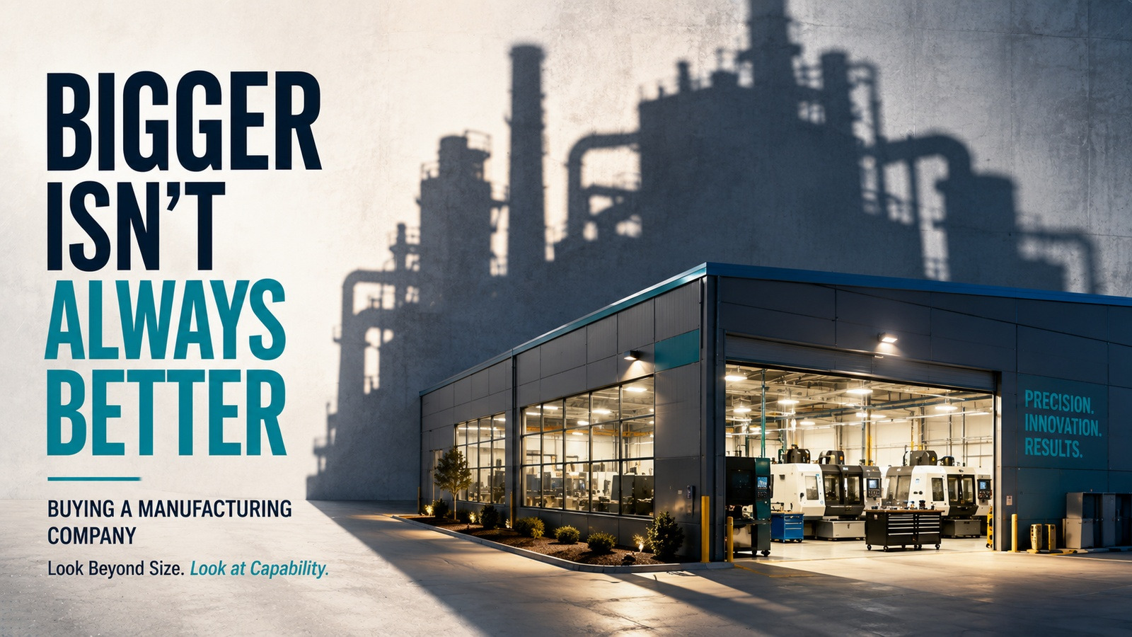 Modern factory exterior with refinery shadows illustrating why a bigger acquisition is not always better