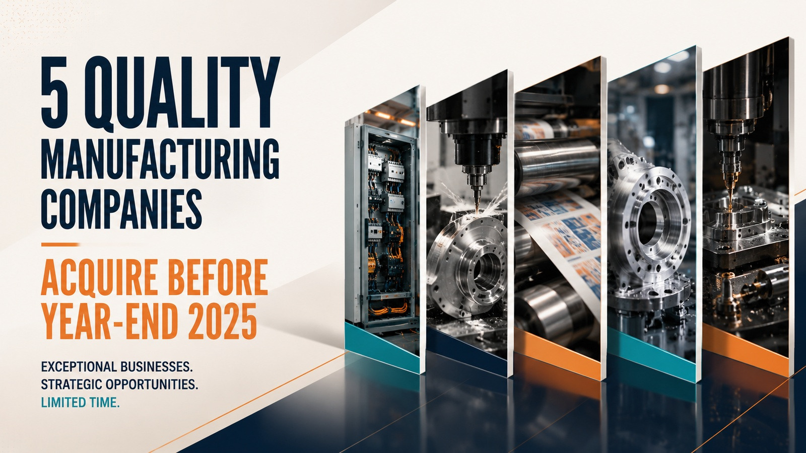 Five manufacturing company opportunities displayed with machining and production equipment