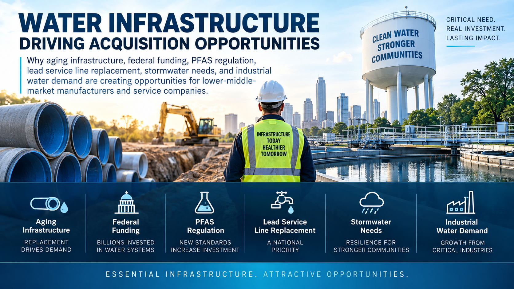 Water infrastructure scene with pipes, treatment facilities and construction highlighting M&A opportunities driven by aging systems and rising investment