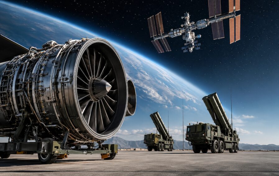 Jet engine on a transport stand beside mobile missile launchers, with a space station orbiting Earth overhead.