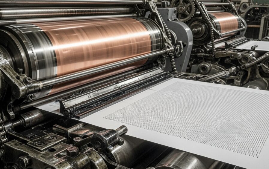 Rotogravure press with copper engraved cylinders applying a fine dot pattern to a white sheet.