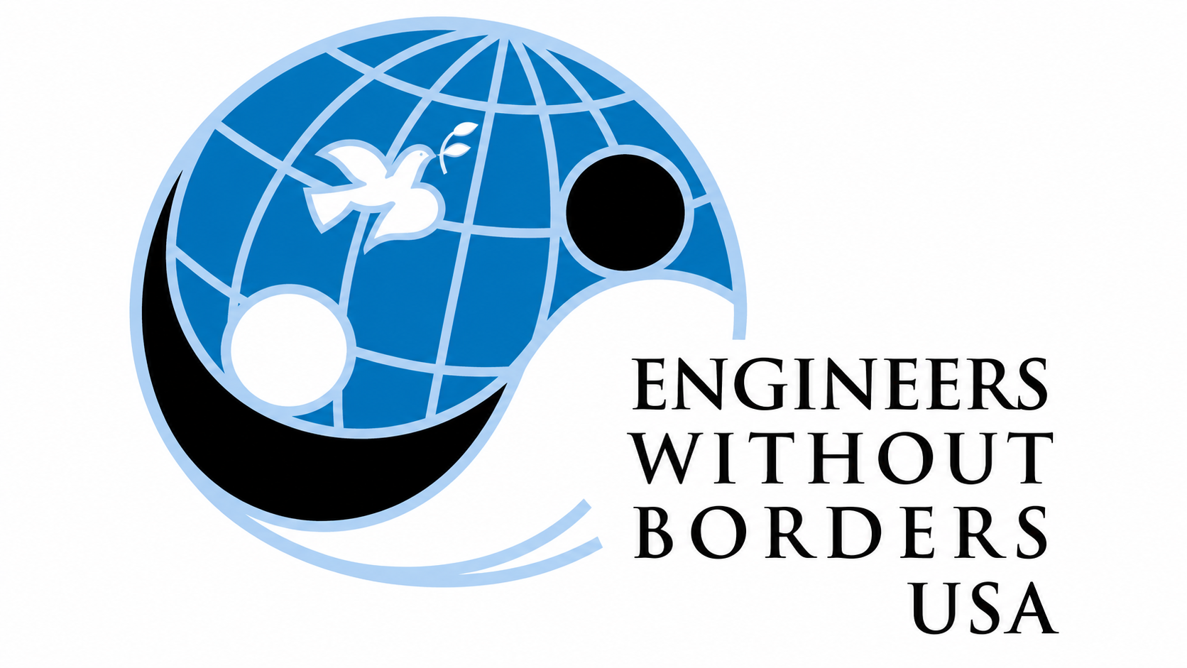 Engineers Without Borders USA logo featuring a blue globe, dove, black and white figures, and the organization name.