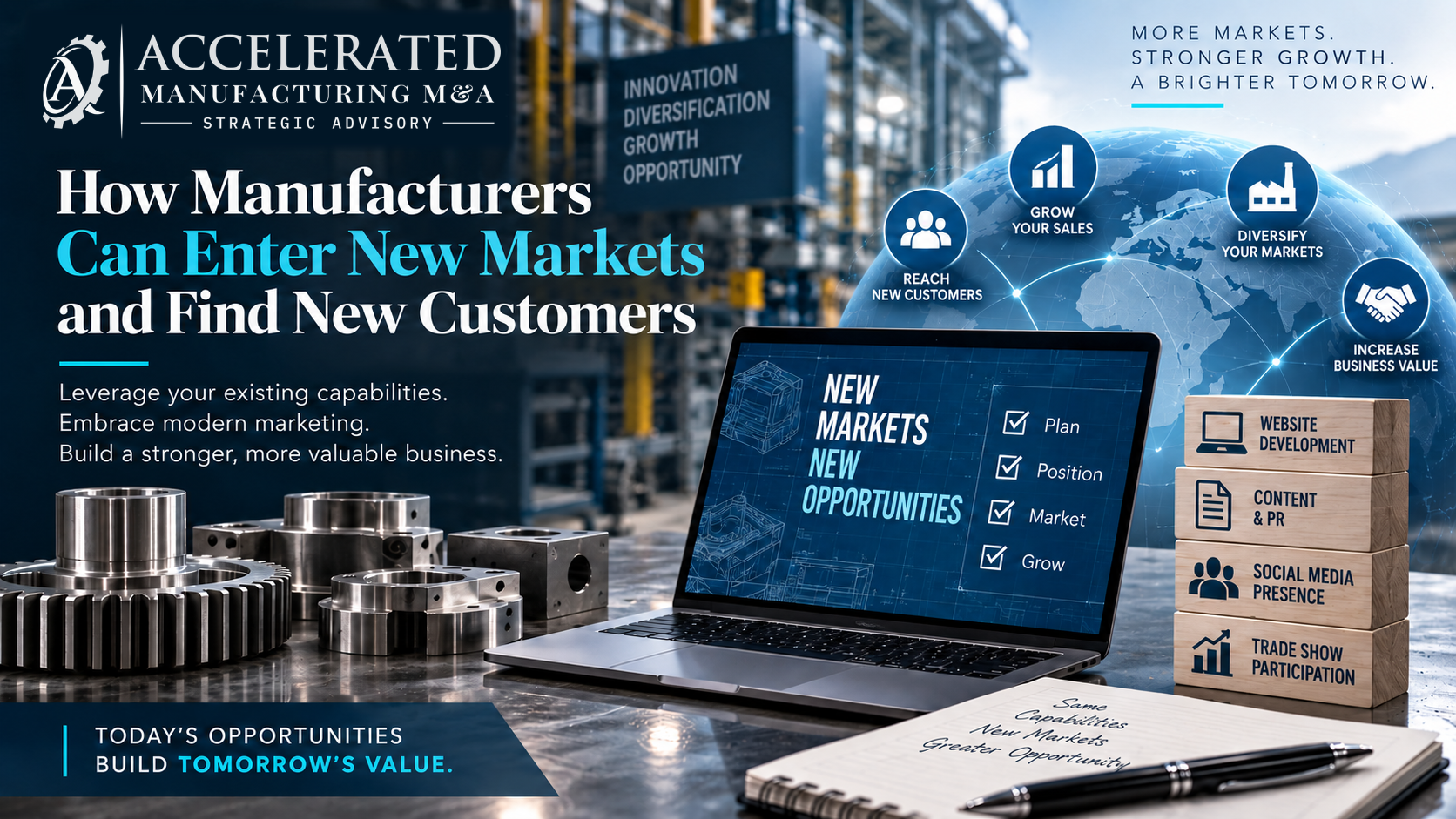 Manufacturing growth graphic showing new market expansion, digital marketing, customer acquisition and diversification strategies for manufacturers.