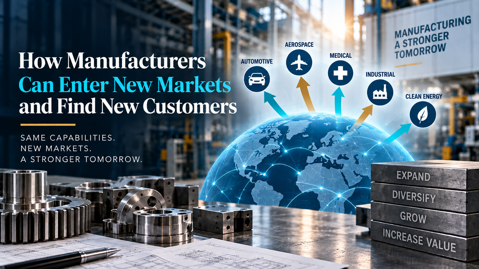 Manufacturing diversification graphic showing expansion into automotive, aerospace, medical, industrial and clean energy markets to reach new customers.                 ChatGPT can make mistakes. Check important info.