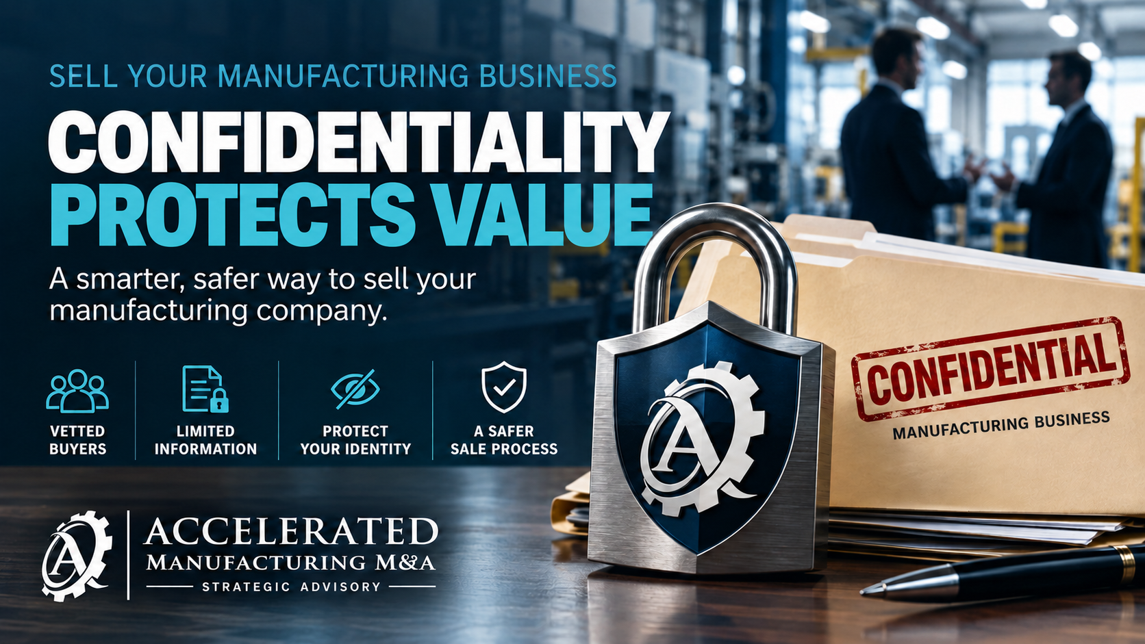 Manufacturing M&A confidentiality graphic showing vetted buyers, limited information sharing, identity protection and a secure sale process.