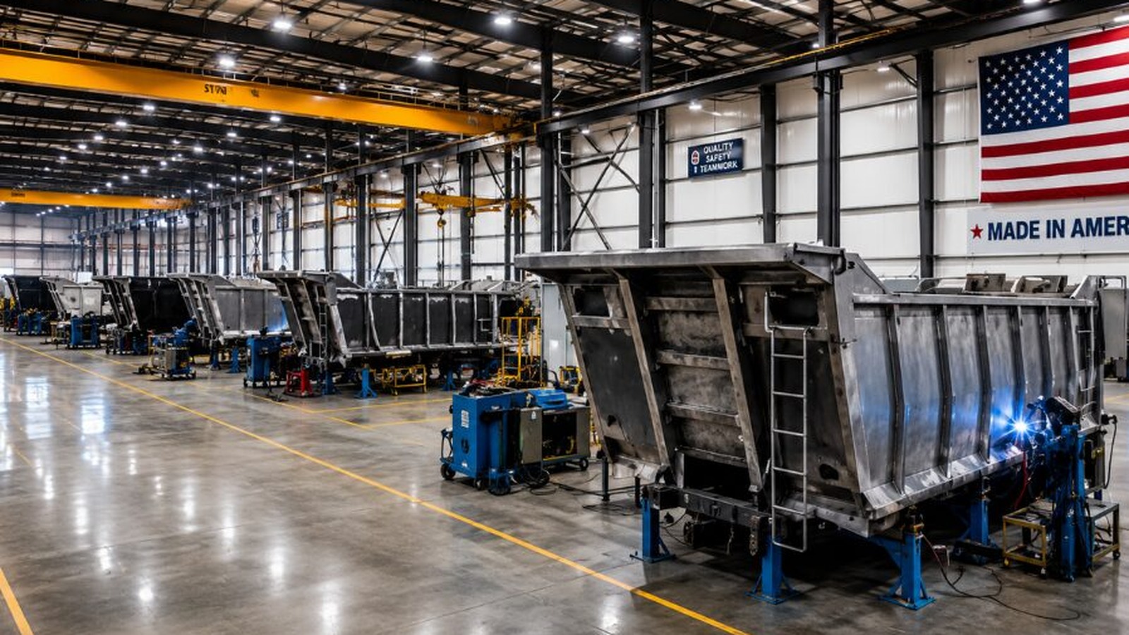 Specialty truck bodies and trailers being manufactured inside a large production facility with welding, fabrication and assembly equipment.