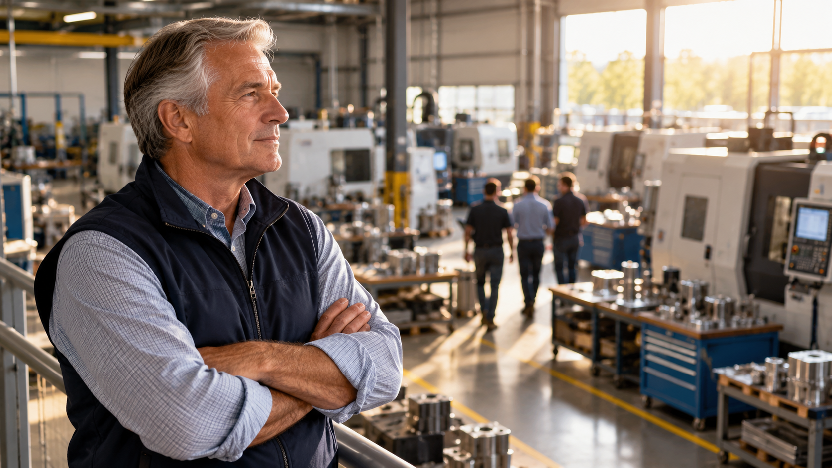 Manufacturing business owner overlooking a modern machine shop while preparing for retirement and the future sale of his company.