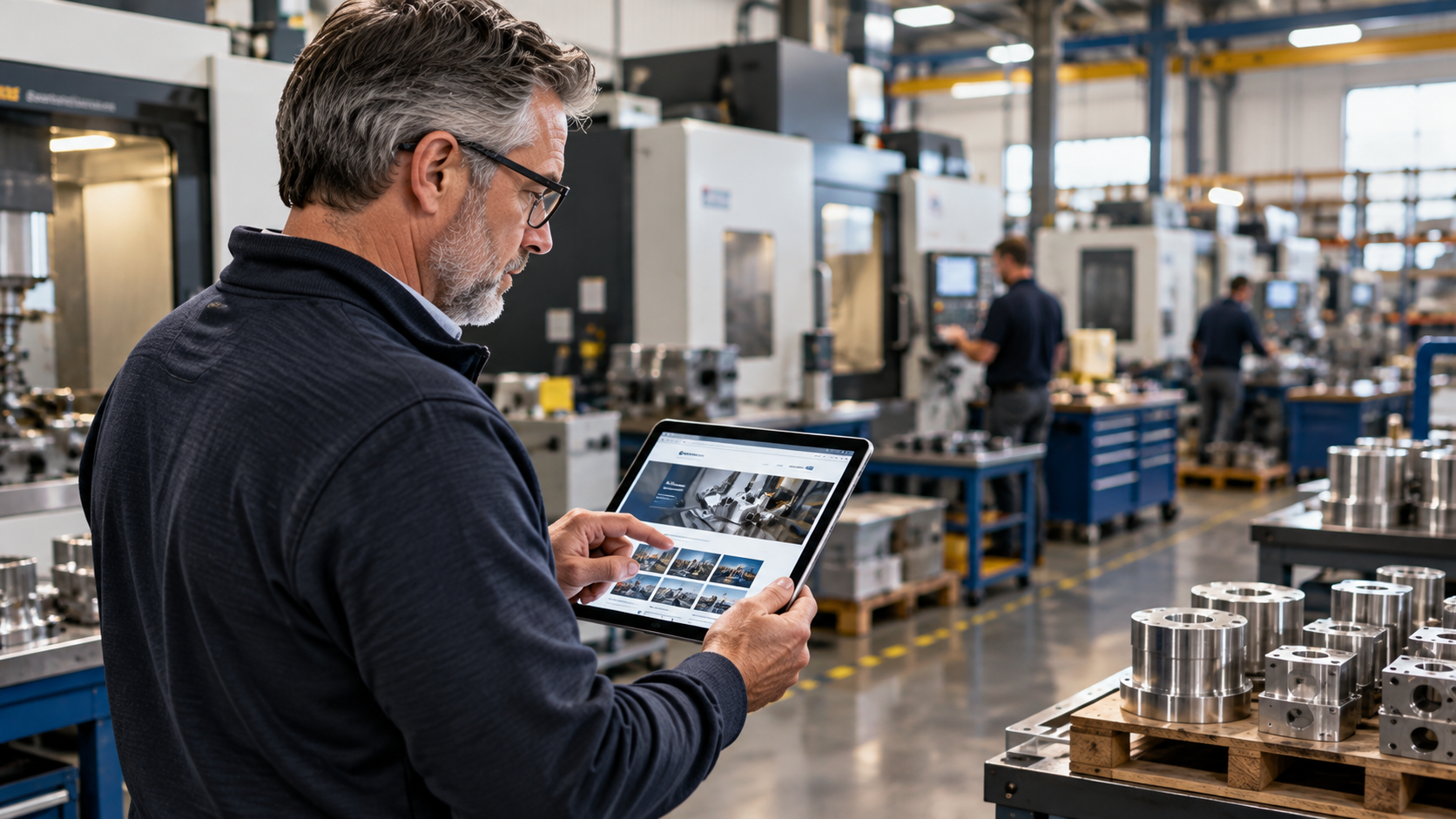 Manufacturing business owner reviewing his company website on a tablet inside a modern CNC machining facility.